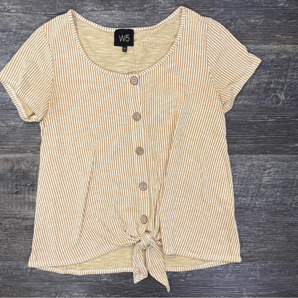 W5 yellow and white striped knit button-down top shirt size large L B141